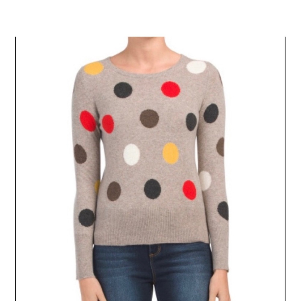 Cynthia Rowley Women XS Taupe 100% Cashmere Multi Color Polka Dot Crew Sweater